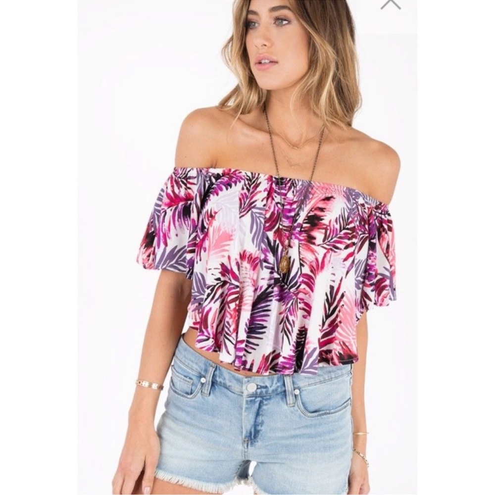 Others follow caprice tropical crop top off the shoulder pink white leaf print